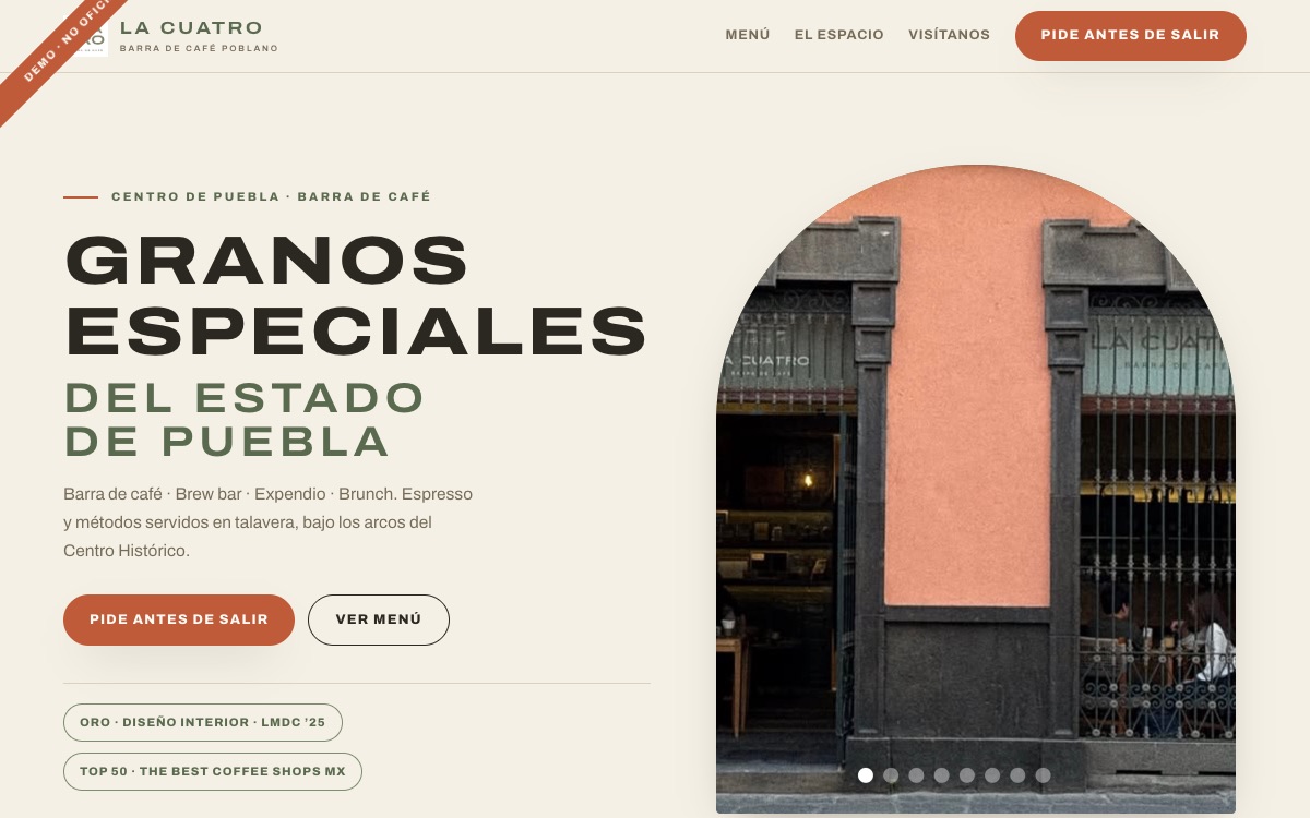 Demo de La Cuatro en escritorio — landing construida sobre su identidad